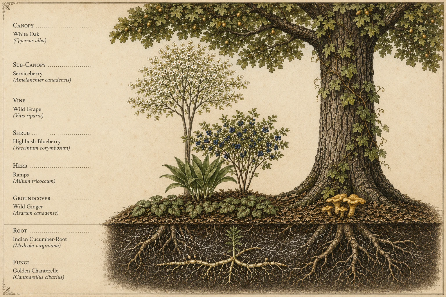 A field-guide plate of one Forest food forest in cross-section, labelled canopy to fungi: White Oak with acorns, a Serviceberry in bloom, a Wild Grape vine climbing the trunk, Highbush Blueberry, Ramps, Wild Ginger groundcover, Indian Cucumber-Root among the roots, and a cluster of Golden Chanterelles.