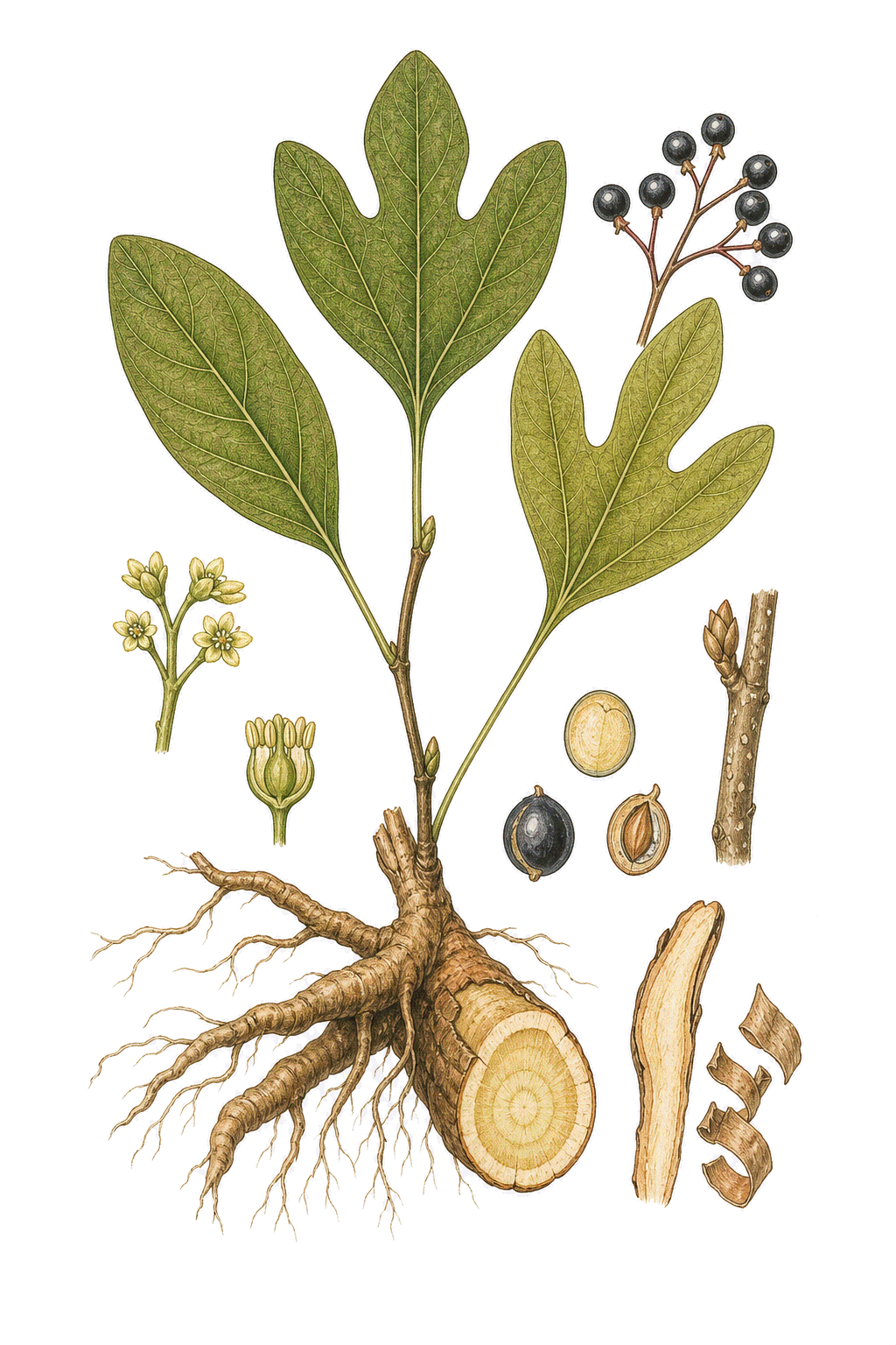 Sassafras botanical illustration